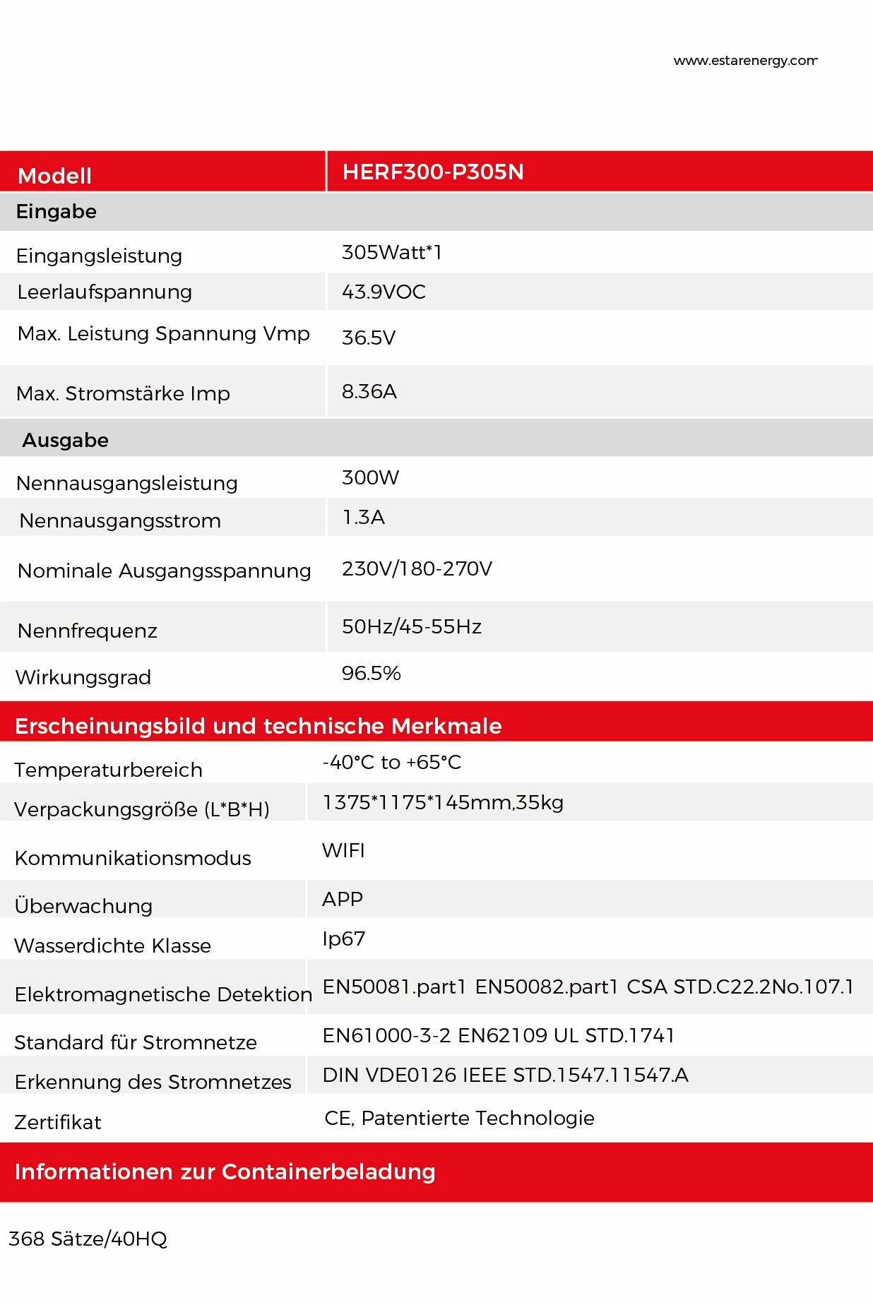 HERF400-P405S Spezifikationen