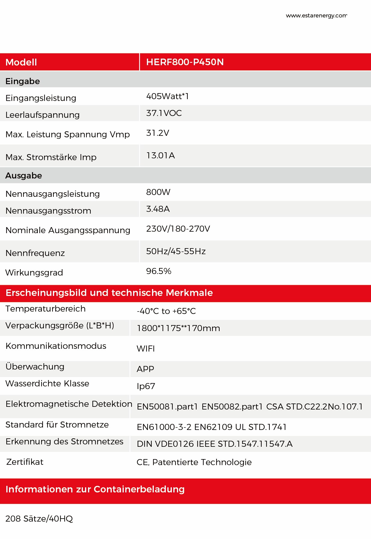 HERF800-P405N Spezifikationen