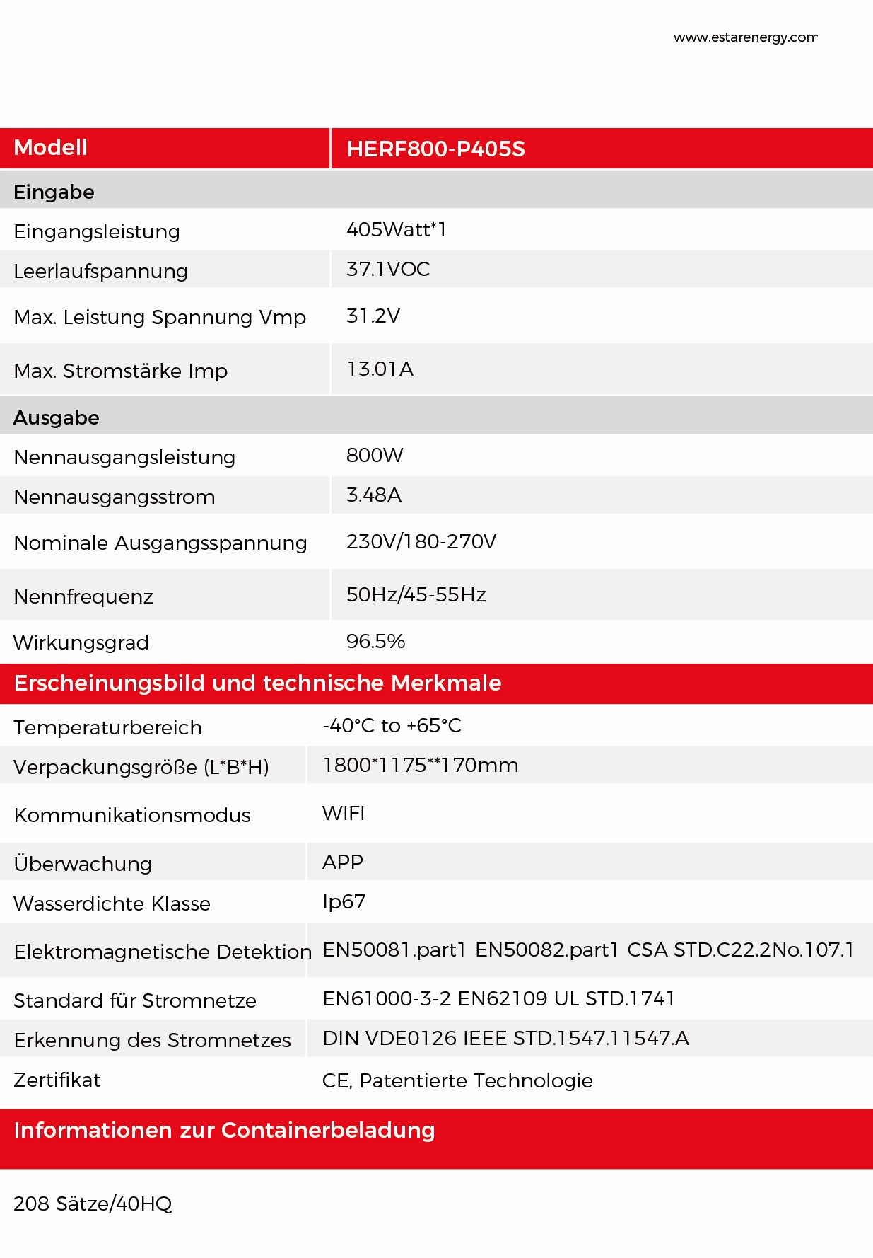 HERF800-P405S Spezifikationen