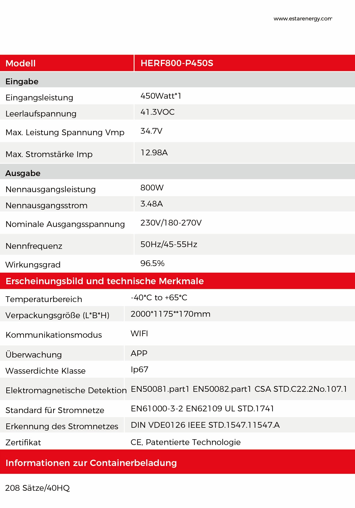 HERF800-P450S Spezifikationen